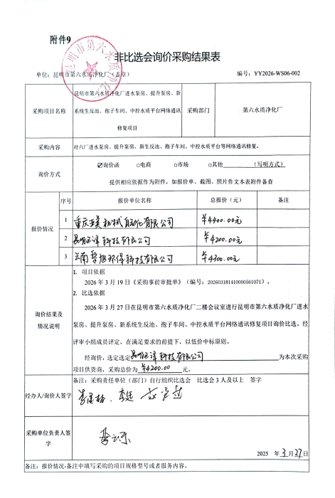 昆明市第六水质净化厂网络通讯修复项目非比选会询价效果公示